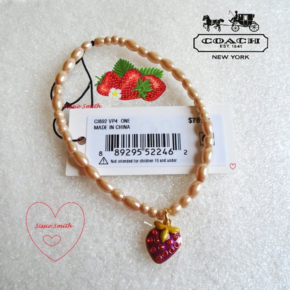🍓Coach Strawberry Pearl Stretch Bracelet & 2 Sets of Matching Earrings - Picture 5 of 12